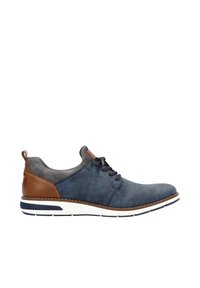 Des chaussures en daim bleu avec des accents en cuir marron, de forme arrondie, à lacets, et une semelle en caoutchouc blanche avec une bande marine. Texture lisse sur l'ensemble.