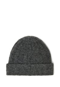 Grey wool beanie with a soft, textured finish. Features a folded cuff and a rounded top for a snug fit. Lightweight and warm.
