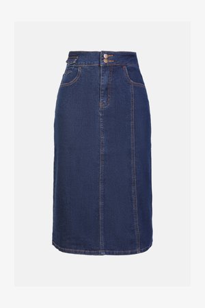 Dark blue denim pencil skirt featuring a high waist, front pockets, and double button closure with contrast stitching along the seams.