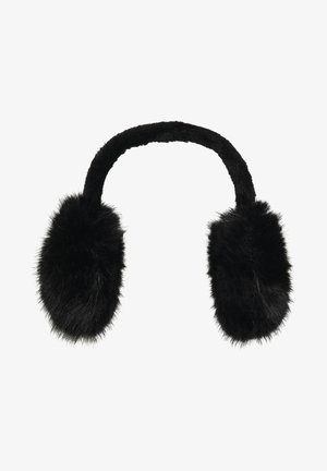 Orejeras negras y esponjosas con una banda gruesa y suave que conecta dos grandes almohadillas para los oídos cubiertas de piel.