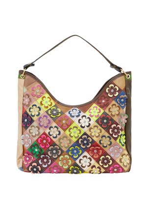Farverig patchwork håndtaske med forskellige blomsterformer i nuancer af pink, grøn, blå og brun. Glat læder med en buet silhuet.