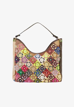 Bunte Patchwork-Handtasche mit verschiedenen Blumenformen in den Farbtönen Pink, Grün, Blau und Braun. Glattes Leder mit einer geschwungenen Silhouette.