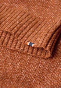 Sweter w kolorze rdzy z dzianiny, z prążkowanymi mankietami i miękką teksturą. Posiada małą metkę z logo z niebieskimi i pomarańczowymi paskami.
