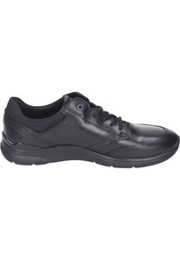 Black leather sneaker with a rounded toe, smooth texture, and padded collar. Features lace-up closure and rubber outsole for grip.