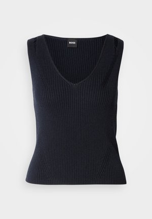 Navy blue ribbed tankki, jossa on V-vetopaita ja tiukka siluetti. Sisältää hienovaraisia sivusaumadetaljeita ja puhtaan, teksturoidun pinnan.