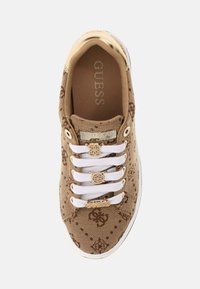 Bruna kanvas-sneakers med präglad logotyp-mönster, vita snörningar och detaljer i guld. Har en vadderad innersula och rund tådesign.