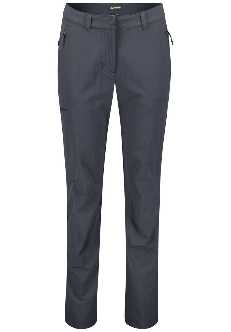 Tmavě šedé venkovní kalhoty vyrobené z lehkého a odolného materiálu. Mají dvě boční kapsy a elegantní, rovný střih.