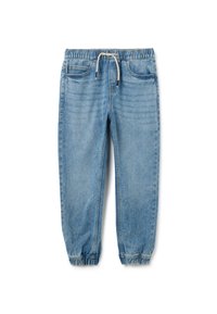 Pantalones jogger de mezclilla azul claro con cintura elástica, cordón, bolsillos laterales y puños ajustados. Ligeramente deslavados para añadir textura.