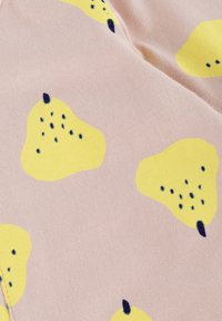 Cotton fabric with a light pink background featuring yellow pear shapes with dark blue highlights and seeds. Smooth texture, playful design.