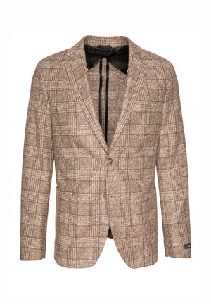 Brauner karierter Blazer aus strukturiertem Stoff, mit einem Ein-Knopf-Verschluss und zwei vorderen Taschen. Der schwarze Kragenfutter sorgt für einen Kontrast.