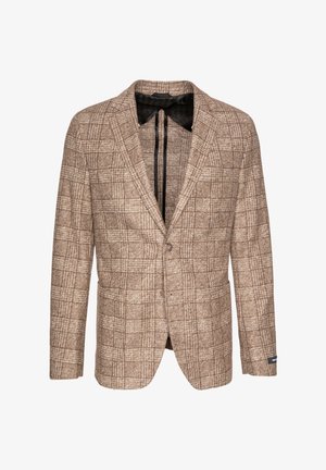 Brauner karierter Blazer aus strukturiertem Stoff, mit einem Ein-Knopf-Verschluss und zwei vorderen Taschen. Der schwarze Kragenfutter sorgt für einen Kontrast.