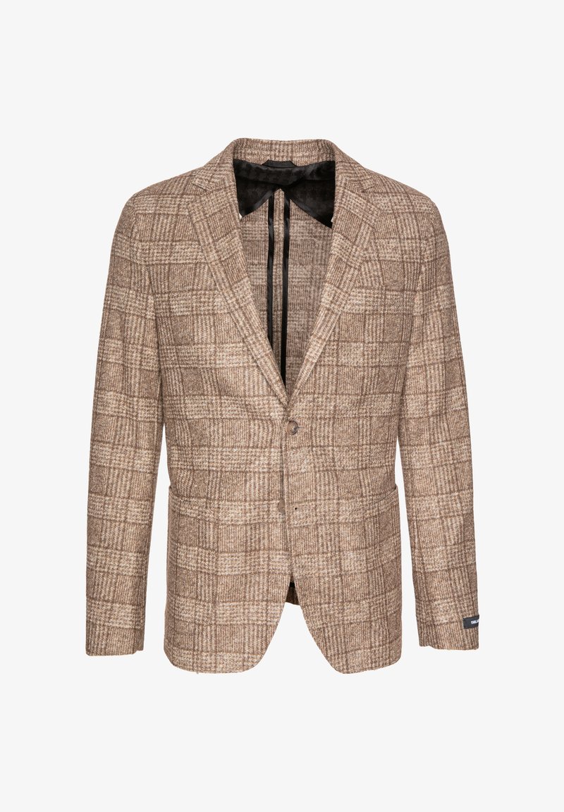 Brown plaid blazer made of textured fabric, featuring a single button closure and two front pockets. Black collar lining adds contrast.