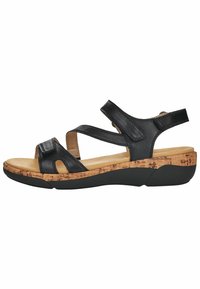 Sandalias de cuero negro con suela de corcho y goma negra. Presentan correas cruzadas y lados abiertos para una mejor transpirabilidad. Diseño de plantilla cómoda.