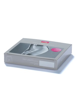 Pudełko na spodnie długie Mey Lights Basics, szare z przednim zdjęciem i białymi akcentami. Tekst informuje "100% produkcji w Niemczech." Posiada płaski design.