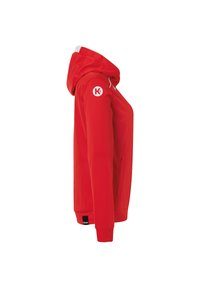 Rode hoodie van zachte stof, met een rits aan de voorkant, een capuchon met trekkoord en een logo op de linkermouw. Inclusief twee zijzakken.