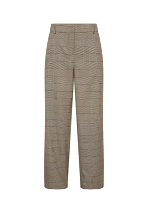 Braunbeige karierte maßgeschneiderte Hose mit Gürtelschlaufen, geradem Bein und einem Reißverschluss vorne.
