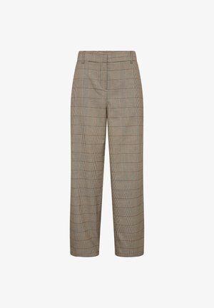 Braunbeige karierte maßgeschneiderte Hose mit Gürtelschlaufen, geradem Bein und einem Reißverschluss vorne.