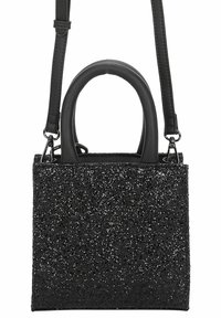 Borsa nera con forma rettangolare, texture glitterata, manici doppi e tracolla staccabile. Presenta dettagli in metallo lucido di colore nero.
