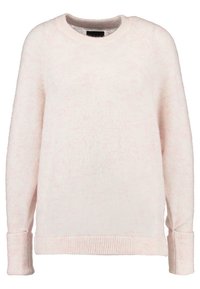 Weicher, hellrosafarbener Strickpullover mit langen Ärmeln, gerippten Bündchen, Saum und rundem Halsausschnitt.