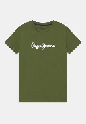 Grünes Baumwoll-T-Shirt mit Rundhalsausschnitt. Vorderseite mit weißem "Pepe Jeans"-Logo und kleinem lila Schriftzug "LONDON". Kurze Ärmel.
