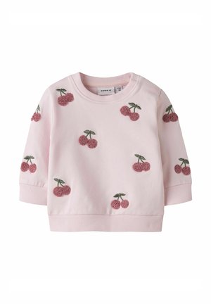 Sweat-shirt rose clair pour tout-petit avec broderie cerise texturée dispersée sur le devant et les manches, col et poignets côtelés.