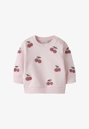 Jasnoróżowa bluza dla malucha z teksturowanym haftem czereśni rozmieszczonym na przodzie i rękawach, z prążkowanym dekoltem i mankietami.