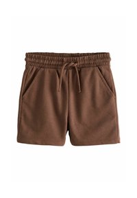 Brown cotton shorts with an elastic waistband, drawstring closure, and two side pockets. Soft texture and casual design.
