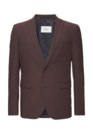 Blazer marron avec un seul bouton, revers à cran et deux poches avant. L'intérieur est doté d'une doublure bleu marine et d'une petite étiquette.