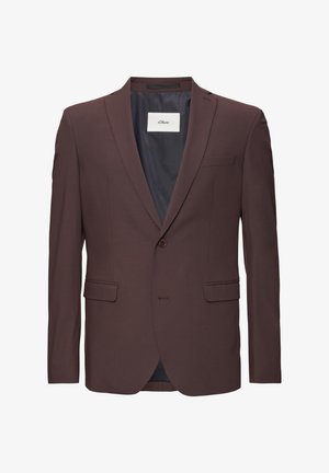 Brauner Blazer mit einem einzigen Knopf, Reverskragen und zwei vorderen Taschen. Das Innenfutter besteht aus einem dunkelblauen Stoff und enthält ein kleines Etikett.