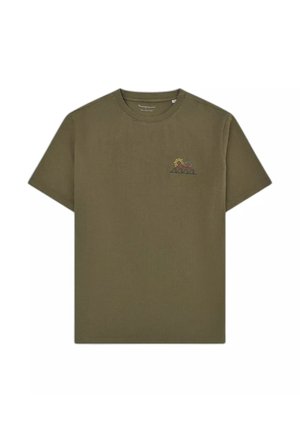 Olijfgroene T-shirt met korte mouwen en kleine borduurwerk van een rode vos, zon en berg op de linkerborst.