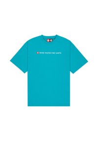 Turquoise short-sleeve t-shirt with "WIND WATER FIRE EARTH" text and a small red and white circular logo above the text on the chest.