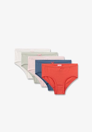 Five girls' cotton briefs in a stacked arrangement, featuring colors: white, light green, pink, dark blue, and coral, each with a small front bow.
