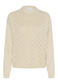 Pull en tricot beige avec un col rond, présentant un motif ajouré de petits diamants et des poignets texturés. Matériau doux avec une coupe décontractée.