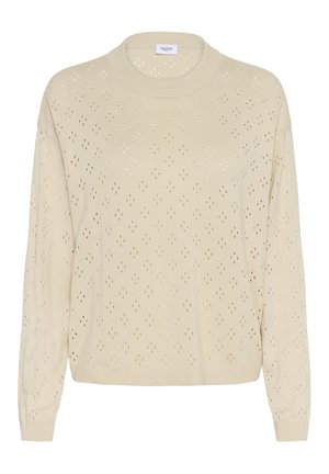 Beige gestrickter Pullover mit Rundhalsausschnitt, der ein Lochmuster aus kleinen Rauten und strukturierte Bündchen aufweist. Weiches Material mit lockerer Passform.