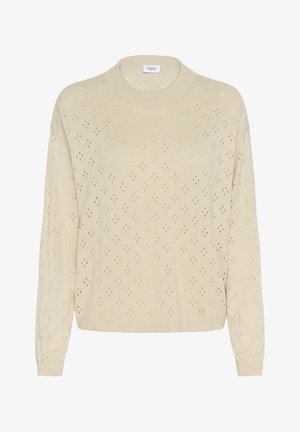 Beige gebreid sweater met een ronde hals, voorzien van een opengewerkte patroon van kleine diamanten en textuur manchetten. Zacht materiaal met een ontspannen pasvorm.