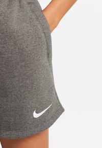 Shorts de sport gris avec une texture douce, dotés de poches latérales et d'un logo Nike blanc sur l'ourlet inférieur. Coupe décontractée avec un design légèrement courbé.