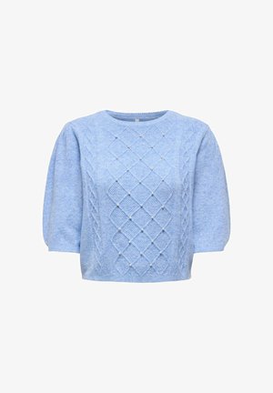 Ljusblå stickad tröja med korta puffärmar, med diamantmönster och små pärldetaljer på framsidan.