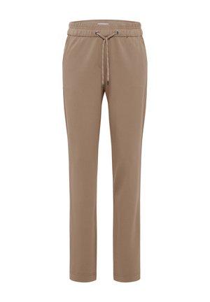 Beige Jogginghosen aus weichem Stoff, mit einem elastischen Bund und einem Kordelzug, schmal zulaufenden Beinen und ohne sichtbare Taschen oder Muster.