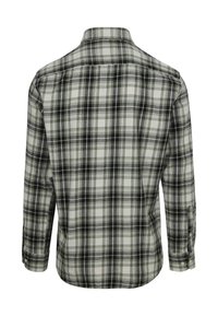 Langarm geruite shirt met een zwart, grijs en witte ruitpatroon, een button-down kraag en een zachte stofstructuur.