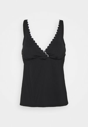 Schwarzes Tanktop mit tiefem V-Ausschnitt, gewelltem Besatz am Ausschnitt und einem glatten, taillierten Design. Weiches, elastisches Material mit einem sauberen Finish.