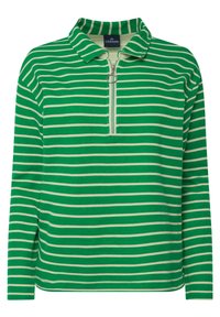 Polo a maniche lunghe a righe verdi e crema con collo a mezza zip. Il materiale sembra morbido con una finitura testurizzata.
