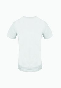 T-shirt bianco a maniche corte mostrato da dietro con scollatura rotonda e texture liscia su uno sfondo bianco.