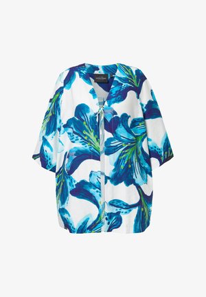 Kimono ampio in tessuto bianco con grande motivo floreale blu. Presenta maniche corte, scollatura a V e chiusura con lacci davanti.