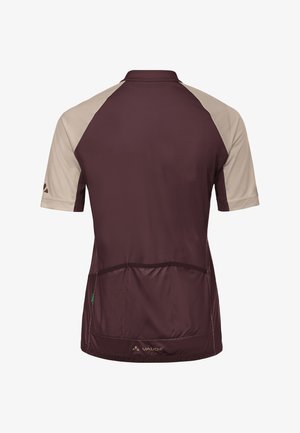 Kurzärmeliges Radsporttrikot mit dunkelbraunem Rücken, beigen Ärmeln, drei Rückentaschen und Vaude-Logo unten in der Mitte.
