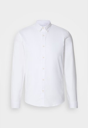 White long-sleeve button-up shirt made of smooth fabric, featuring a classic collar, eight buttons down the front, and standard cuffs.