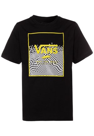 Czarny T-shirt z krótkim rękawem z żółtą obwódką kwadratu zawierającego zniekształconą czarno-białą szachownicę, żółte logo Vans i ikonę deskorolki.