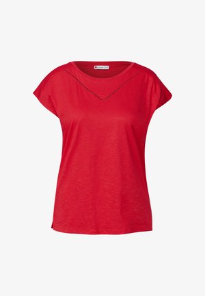 Rød T-shirt med korte ærmer og rund halsudskæring samt dekorativt syning, der danner en V-form på forsiden. Blødt stof med en afslappet pasform.