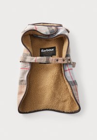Plaid-patterned Barbour dog coat with tan fleece lining and adjustable buckle strap, designed for warmth and waterproof protection.