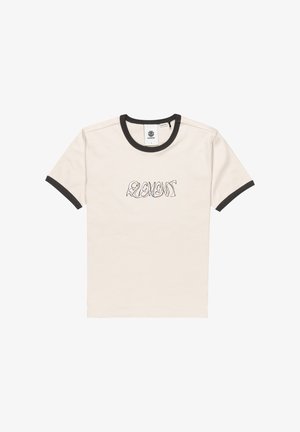 Short-sleeve beige t-shirt with black ribbed neckline and sleeve edges. "ELEMENT" logo in multicolor stylized text across the chest.