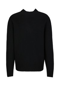 Schwarzer gestrickter Pullover mit langen Ärmeln, geripptem Saum und Kragen. Einfaches Design, keine Muster oder sichtbare Beschläge. Weiche Textur.